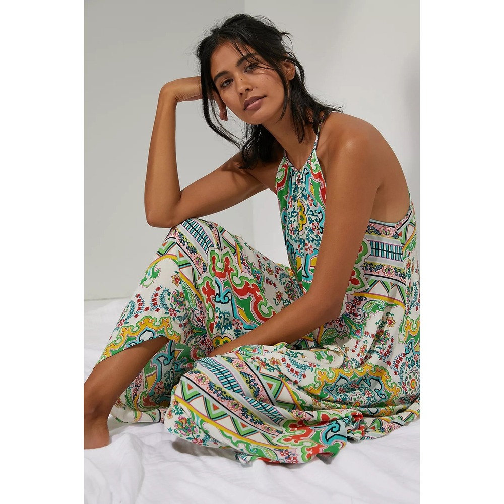 NWT BY ANTHROPOLOGIE Ella Halter Tunic Dress Printed Handkerchief Maxi M/L